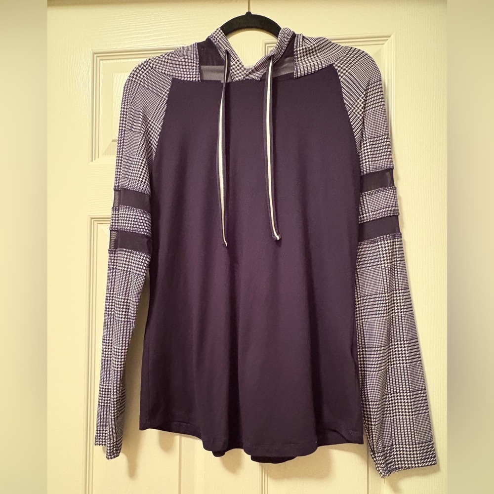Ultra Flirt Navy Hooded Sweater with Houndstooth and Sheer Details